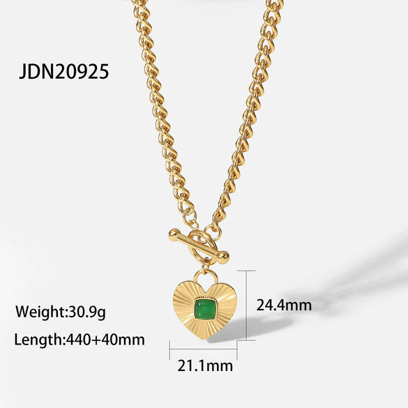 Heartshaped Pendant Cuban Chain Necklace For Women Made Of Stainless Steel With Electroplating And Green Agate Ote Buckle