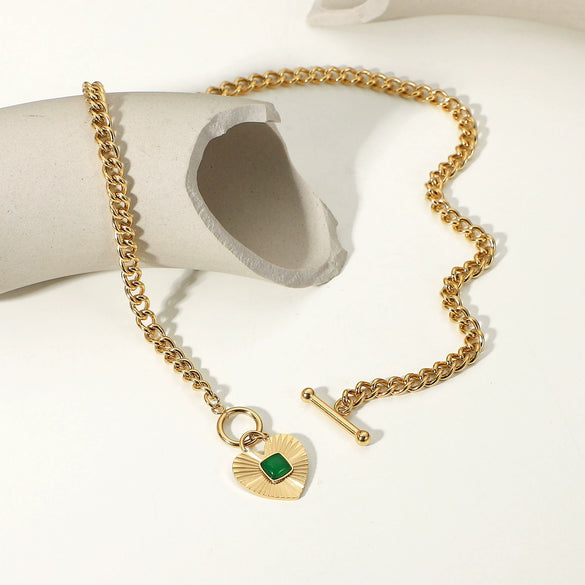 Heartshaped Pendant Cuban Chain Necklace For Women Made Of Stainless Steel With Electroplating And Green Agate Ote Buckle