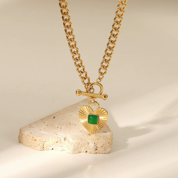 Heartshaped Pendant Cuban Chain Necklace For Women Made Of Stainless Steel With Electroplating And Green Agate Ote Buckle