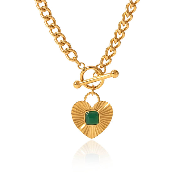 Heartshaped Pendant Inlaid With Green Agate Stainless Steel Cuban Chain Necklace For Women