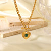 Heartshaped Pendant Inlaid With Green Agate Stainless Steel Cuban Chain Necklace For Women