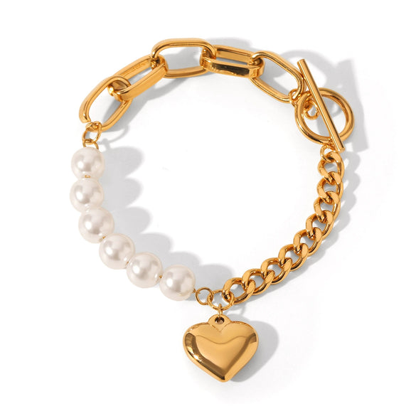 Heartshaped Pendant Titanium Steel And Stainless Steel Bracelet With Imitation Pearl Electroplated For Women