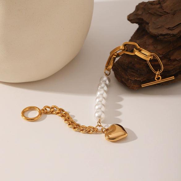 Heartshaped Pendant Titanium Steel And Stainless Steel Bracelet With Imitation Pearl Electroplated For Women