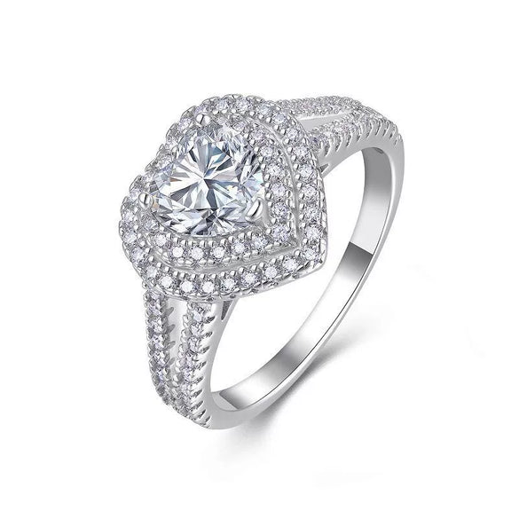 Heartshaped Simulated Diamond Moissanite Inlay 925 Sterling Silver Women's Ring Classic Fashion Light Luxury Highend