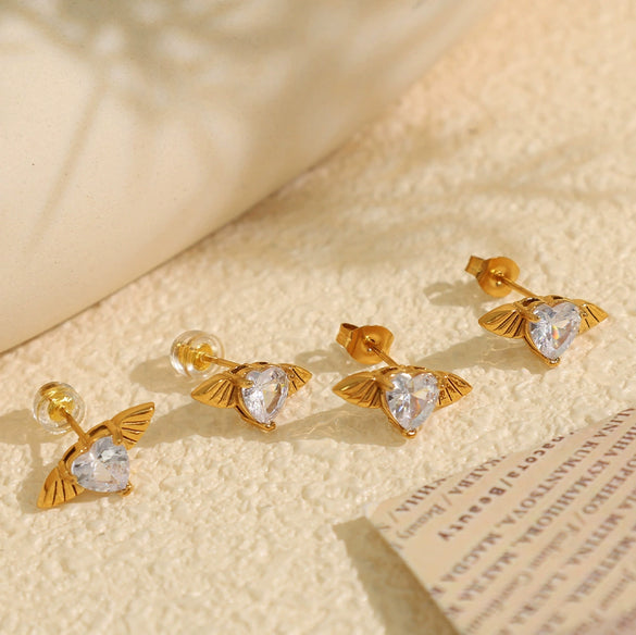 Heartshaped Zircon Angel Wings 316L Stainless Steel Plated Jewelry Set For Women