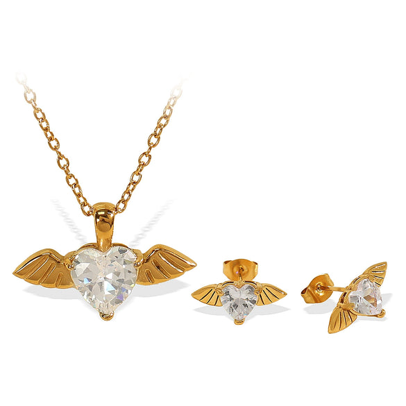 Heartshaped Zircon Angel Wings 316L Stainless Steel Plated Jewelry Set For Women