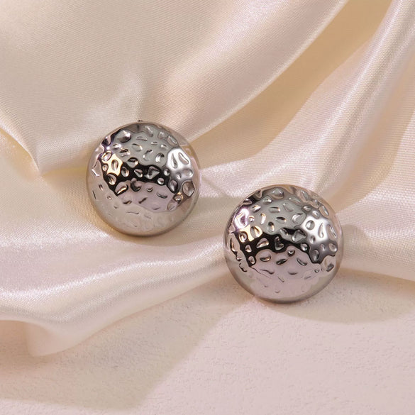 High End Ins Thick Metallic Stainless Steel Round Earrings With Hammer Texture And Geometric Pattern For Women Polished