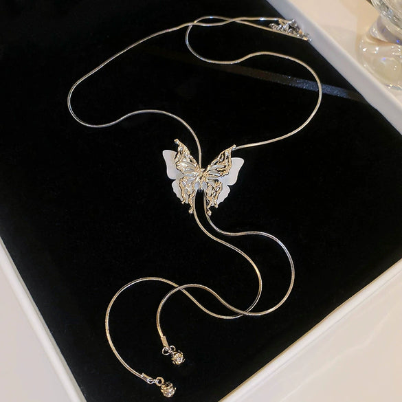 High End Long Adjustable Butterfly Tassel Alloy Clavicle Necklace With Electroplating For Women