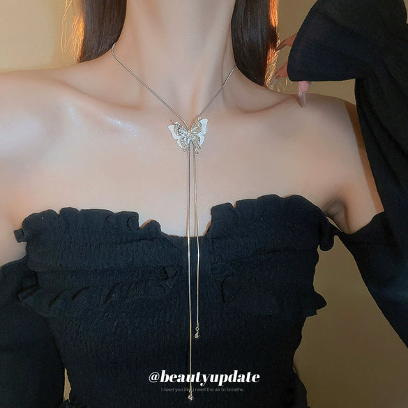 High End Long Adjustable Butterfly Tassel Alloy Clavicle Necklace With Electroplating For Women