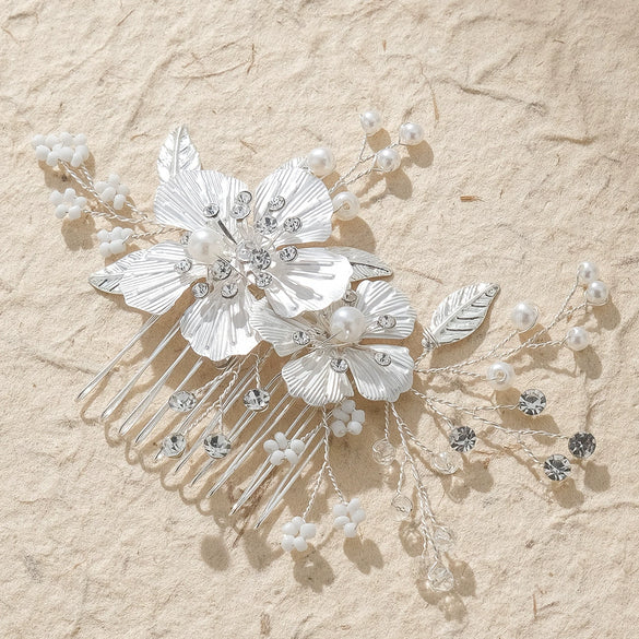 High End Retro Bridal Rhinestone Flower Pearl Hair Comb Hand Beaded Wedding Headdress For Women