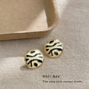 High End Retro Geometric Round Copper Earrings For Women With Black And White Striped Enamel Look Electroplated Finish