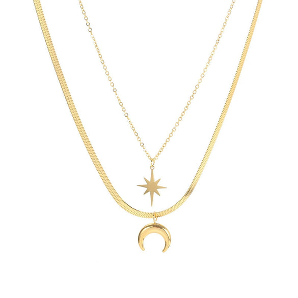 High End Women's Double Layer Clavicle Chain Necklace With Star And Moon Pendant Made Of Titanium Steel And Stainless Steel Geometric Pattern 18K Gold Plated Electroplated