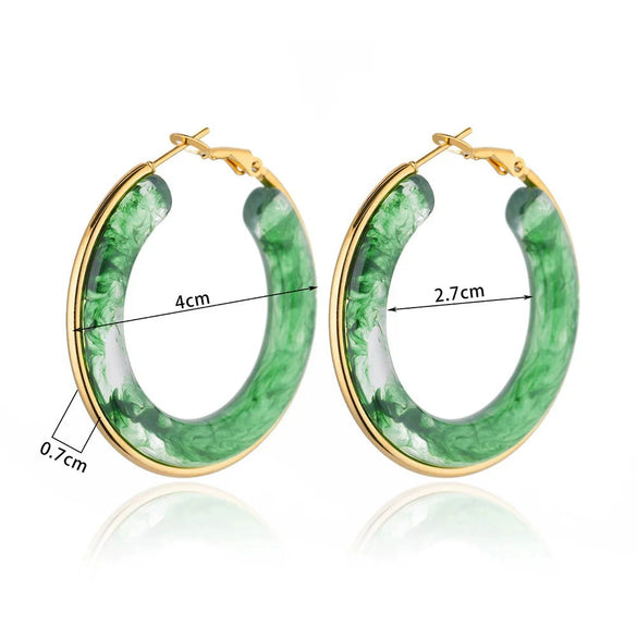 High Grade Female Acrylic Resin Imitation Jade Vintage Exaggerated Circle Earrings With Geometric Pattern And Electroplating