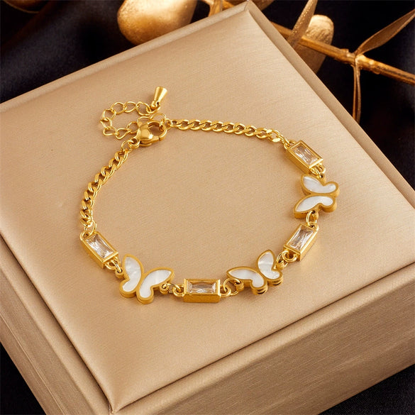 High Grade Niche Design Light Luxury Elegant Gold Plated Titanium Steel Butterfly Pearl Flower Diamond Embedded Women's Bracelet With Electroplating Treatment