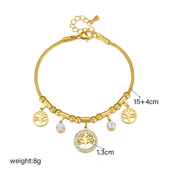 High Grade Retro Elegant Titanium Steel Pendant Bracelet With Metal Diamond Embedded Hollow Life Tree Design Geometric Pattern And Electroplating Treatment