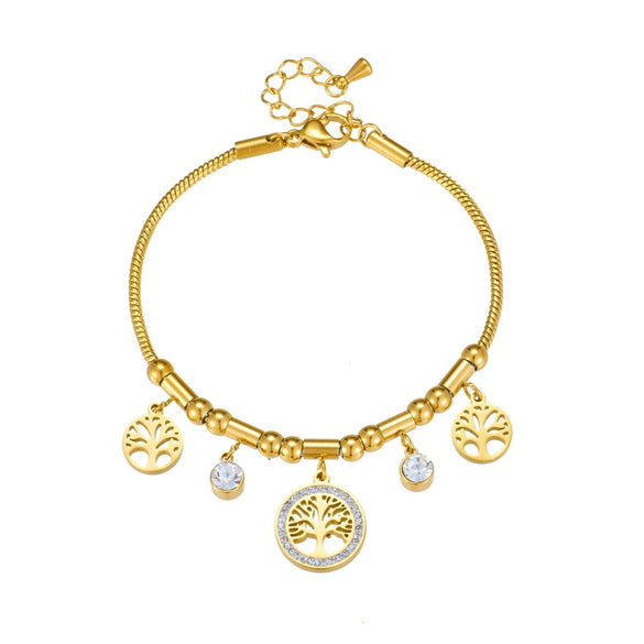 High Grade Retro Elegant Titanium Steel Pendant Bracelet With Metal Diamond Embedded Hollow Life Tree Design Geometric Pattern And Electroplating Treatment
