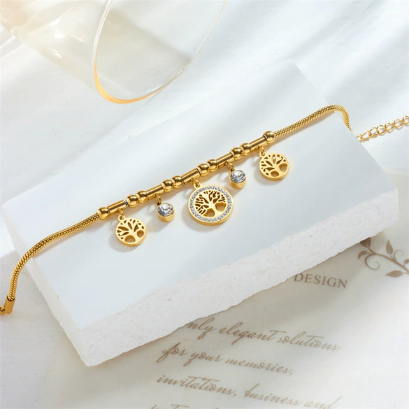 High Grade Retro Elegant Titanium Steel Pendant Bracelet With Metal Diamond Embedded Hollow Life Tree Design Geometric Pattern And Electroplating Treatment