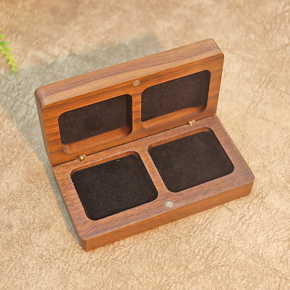 High Grade Solid Black Walnut Wood Jewelry Box Square Carved Ring And Medal Box With Flocking Cloth Lining Engraved Logo Packaging