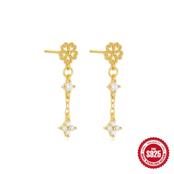 High Grade Square Double Ring Four Leaf Clover 925 Sterling Silver Women's Niche Fashion Elegant Personality All Match Earrings