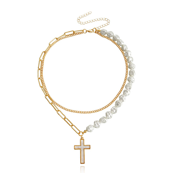High Grade Stitching Imitation Fritillaria Pendant Necklace For Women Alloy Material Geometric Pattern Electroplating Treatment Twist Chain