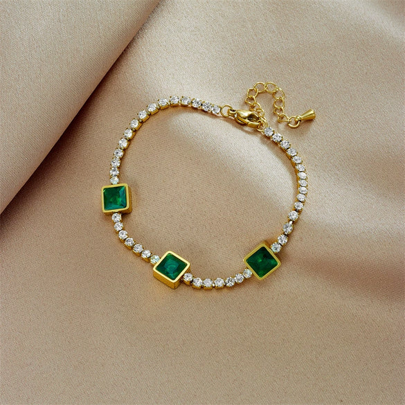 High Grade Women's Titanium Steel Bracelet With Green Diamond And Geometric Design Electroplated