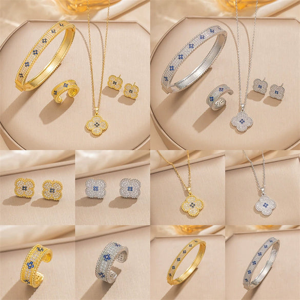 High Quality Light Luxury Copper Real Gold Electroplated Micro Earrings Necklace Ring Combination For Women