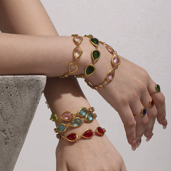 High Quality Transparent Drop Shaped Czech Glass Stone Bracelet In Stainless Steel With Geometric Pattern And Electroplating For Women