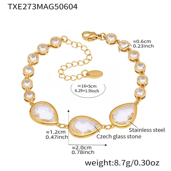 High Quality Transparent Drop Shaped Czech Glass Stone Bracelet In Stainless Steel With Geometric Pattern And Electroplating For Women