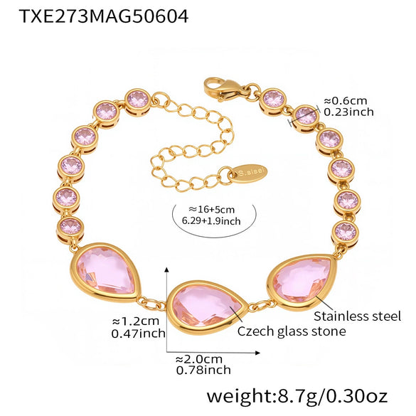 High Quality Transparent Drop Shaped Czech Glass Stone Bracelet In Stainless Steel With Geometric Pattern And Electroplating For Women