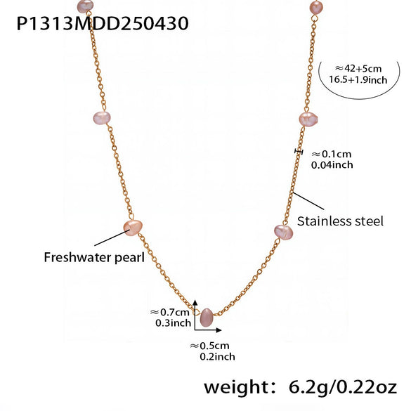 High Textured Pink Freshwater Pearl Collarbone Necklace In Stainless Steel With Geometric Shape And Electroplating For Women