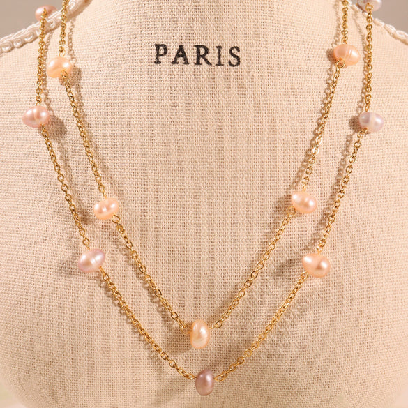 High Textured Pink Freshwater Pearl Collarbone Necklace In Stainless Steel With Geometric Shape And Electroplating For Women