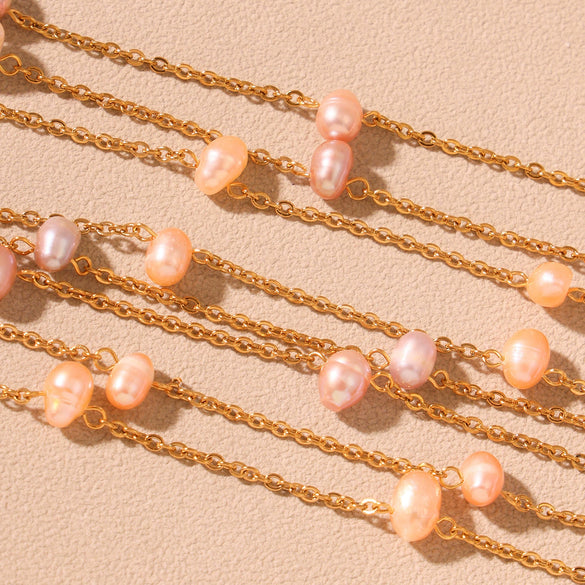 High Textured Pink Freshwater Pearl Collarbone Necklace In Stainless Steel With Geometric Shape And Electroplating For Women