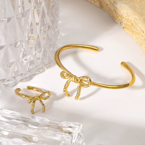 Highclass Temperament Personality Bow Irregular Opening Bracelet Ring For Female Made Of Stainless Steel And 18K With 18K Vacuum Plating In Furnace