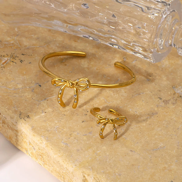 Highclass Temperament Personality Bow Irregular Opening Bracelet Ring For Female Made Of Stainless Steel And 18K With 18K Vacuum Plating In Furnace