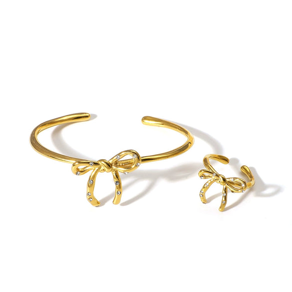 Highclass Temperament Personality Bow Irregular Opening Bracelet Ring For Female Made Of Stainless Steel And 18K With 18K Vacuum Plating In Furnace
