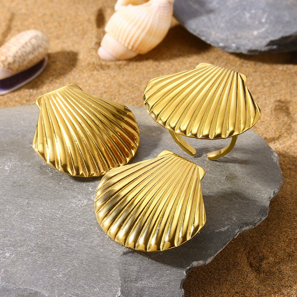 Highend Fashionable Exaggerated Holiday Style Stainless Steel Gold Platinum Shell Earrings With Ocean Life Pattern Electroplated