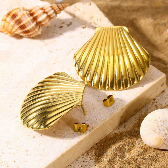 Highend Fashionable Exaggerated Holiday Style Stainless Steel Gold Platinum Shell Earrings With Ocean Life Pattern Electroplated