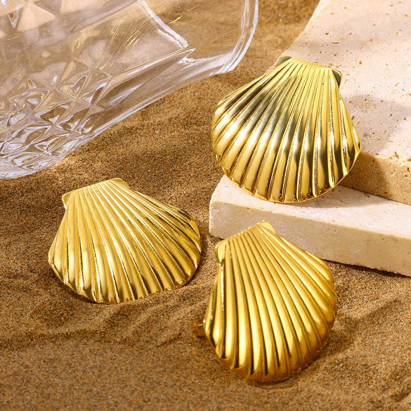 Highend Fashionable Exaggerated Holiday Style Stainless Steel Gold Platinum Shell Earrings With Ocean Life Pattern Electroplated