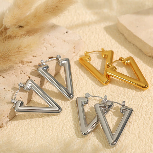 Highend Geometric 316L Stainless Steel Stud Earrings For Women With Electroplating And Inverted Triangle Design