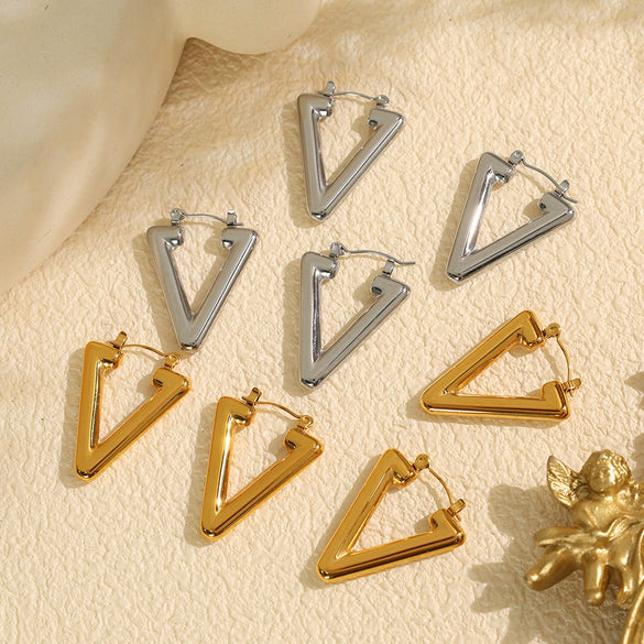 Highend Geometric 316L Stainless Steel Stud Earrings For Women With Electroplating And Inverted Triangle Design