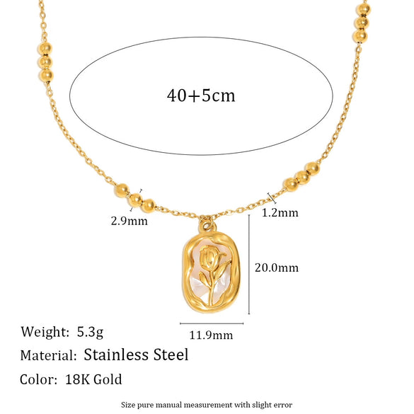 Highend Jewelry Stainless Steel 18K Gold Plated Sun Pendant With Flower Pattern Square Pearl Chain Necklace For Women