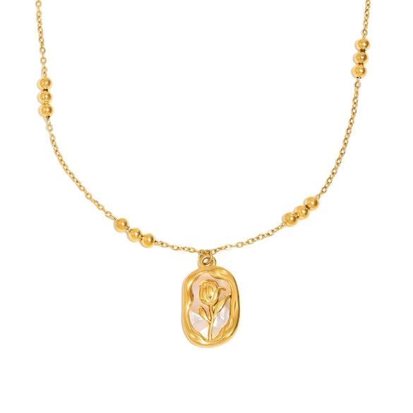 Highend Jewelry Stainless Steel 18K Gold Plated Sun Pendant With Flower Pattern Square Pearl Chain Necklace For Women
