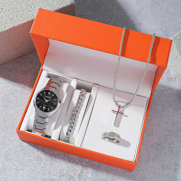 Highend Men's Business Style Metal Alloy Stainless Steel Round Dial Quartz Threeeye Watch Cross Necklace Bracelet Ring Set
