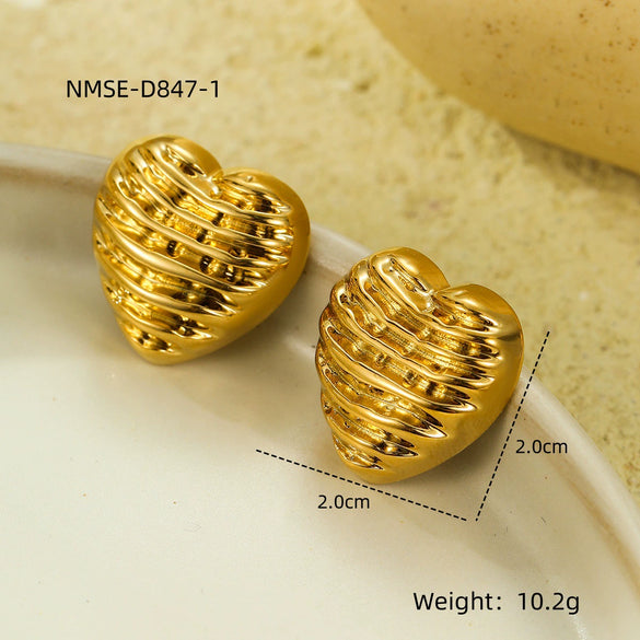Highend Square Love Pleated Texture Stainless Steel Women's Vintage Heart Shape Electroplated Earrings
