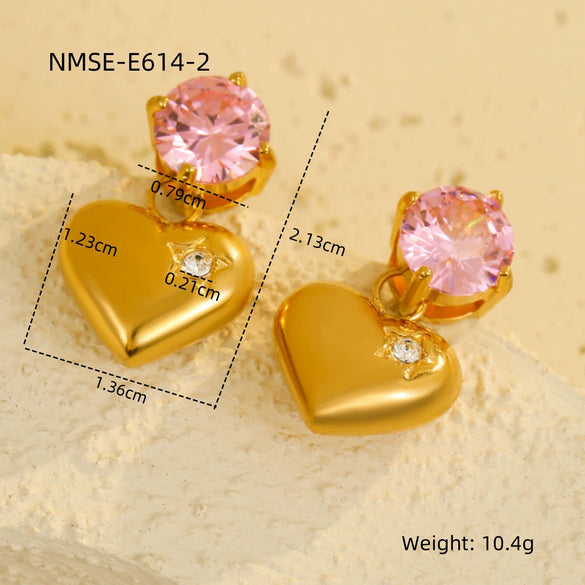 Highend Stainless Steel 18K Gold Glossy Love Zircon Pendant Women's Vintage Electroplated Earrings