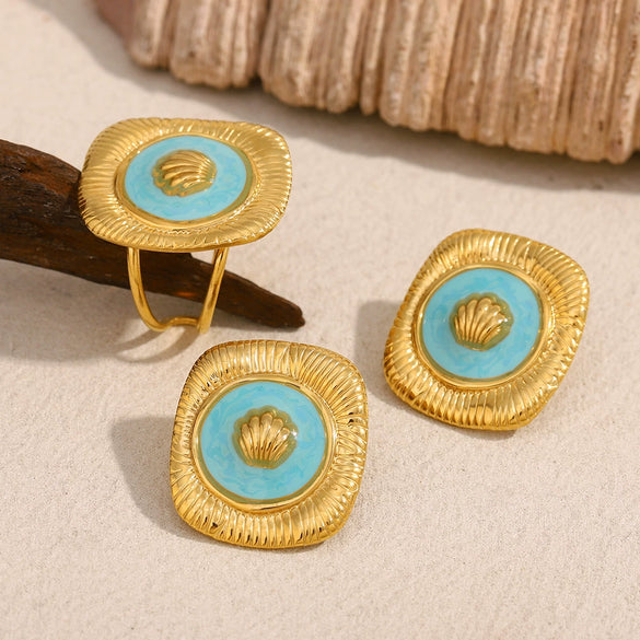 Highend Stainless Steel 18K Gold Plated Oil Drop Square Shell Earrings With Geometric Pattern
