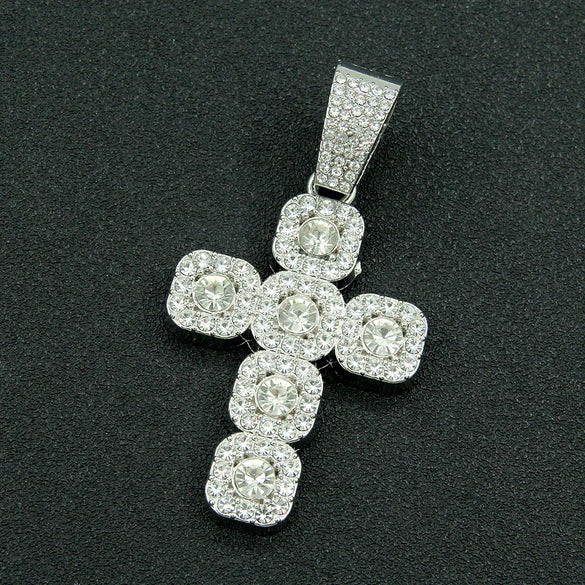 Hip Hop Alloy Cross Pendant Cuban Chain Necklace For Men With Diamond And Geometric Design