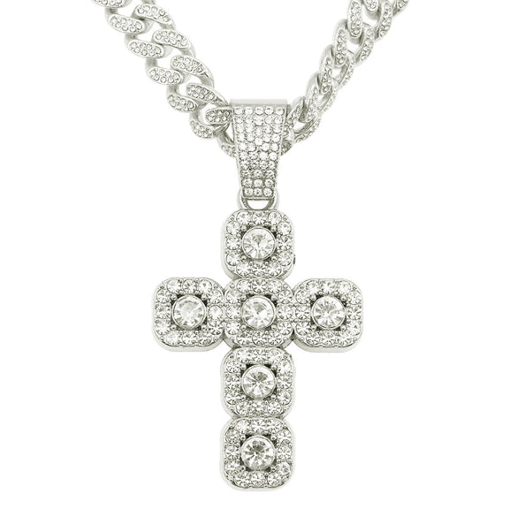 Hip Hop Alloy Cross Pendant Cuban Chain Necklace For Men With Diamond And Geometric Design