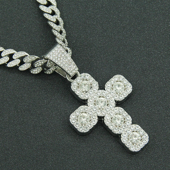 Hip Hop Alloy Cross Pendant Cuban Chain Necklace For Men With Diamond And Geometric Design