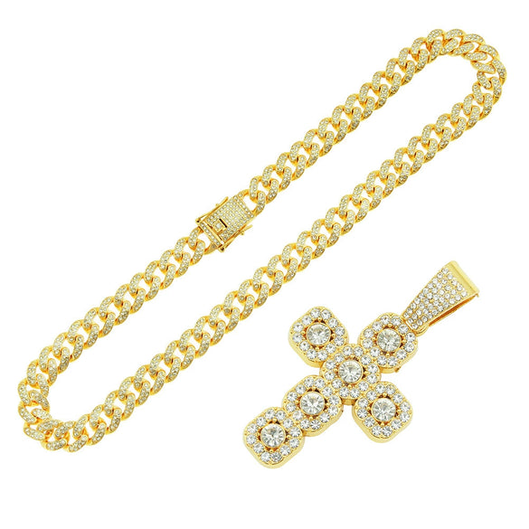Hip Hop Alloy Cross Pendant Cuban Chain Necklace For Men With Diamond And Geometric Design